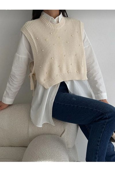 By Nilgün Akay Women's Cream Pearl Detailed Sweater