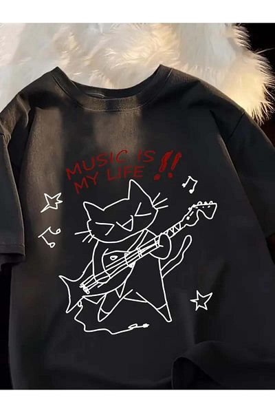 Touz Moda Music is My Life Unisex Μαύρο Oversize μπλουζάκι