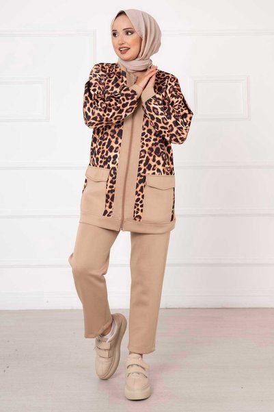 Generic Brand Set dublu cu imprimeu leopard Scuba, culoare nurcă