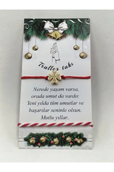 Tralles Takı Yeni Yıl Hediyesi Kırmızı Ipli Yonca Bileklik Ve Kırmızı/beyaz Ş...