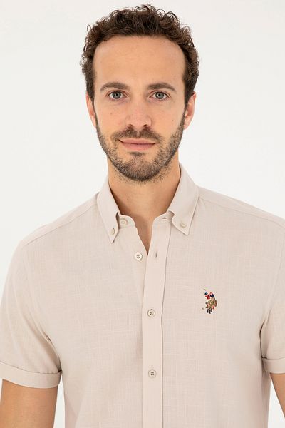 U.S. Polo Assn. Ανδρικό πέτρινο κοντομάνικο πουκάμισο 50282582 -VR049