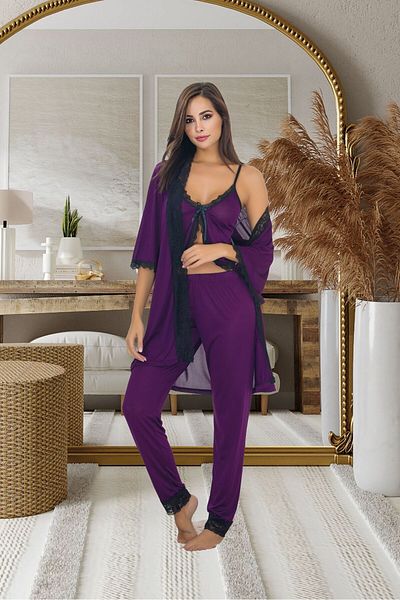 SİA LESS Purple Sexy Pajamas and Dressing Gown Set - 3-Piece Sling Nightgown Set