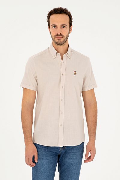 U.S. Polo Assn. Ανδρικό πέτρινο κοντομάνικο πουκάμισο 50282582 -VR049