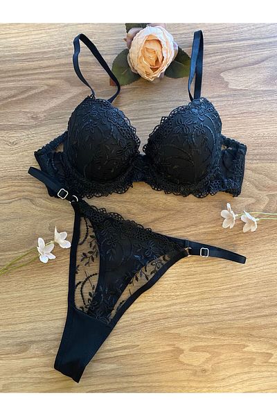 RUYAZ Set de lenjerie neagră pentru femei cu susținere florală din dantelă Set sutien căptușit