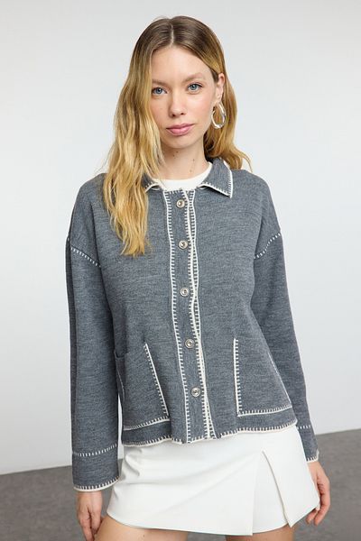 Trendyol Collection Polo Neck Anthracite Knitwear Cardigan - Twoaw25Hi00218