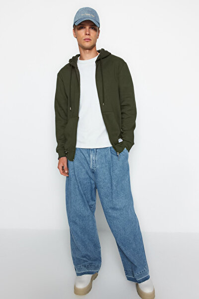 Trendyol Collection Fleecová mikina se zipem khaki – se štítkem, teplá Tmnaw23Sw00172