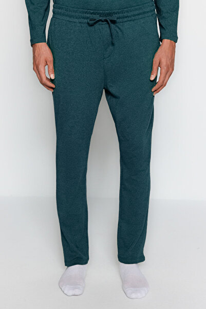 Trendyol Collection Petrolfarbenes bedrucktes Pyjama-Set aus Strick in normaler Passform für Herren - TMNAW24PT00005