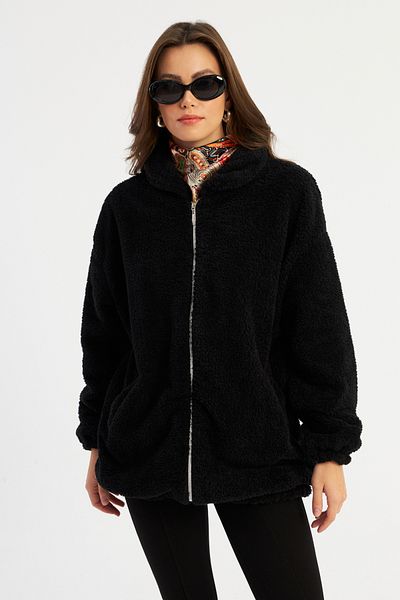 Cool & Modest Černý plyšový dámský kabát - Mlyt58