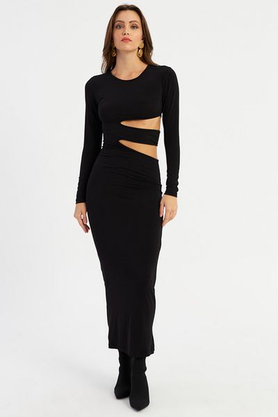 Cool & Sexy Černé Maxi vánoční šaty – detail s nízkým střihem, Lik9