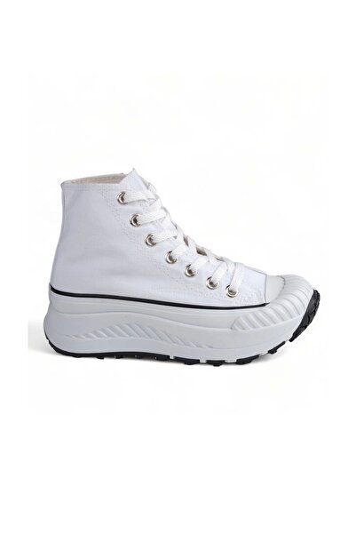 Melen Shoes Elixia Beyaz Kalın Tabanlı Boğazlı Uzun Keten Spor Ayakkabı