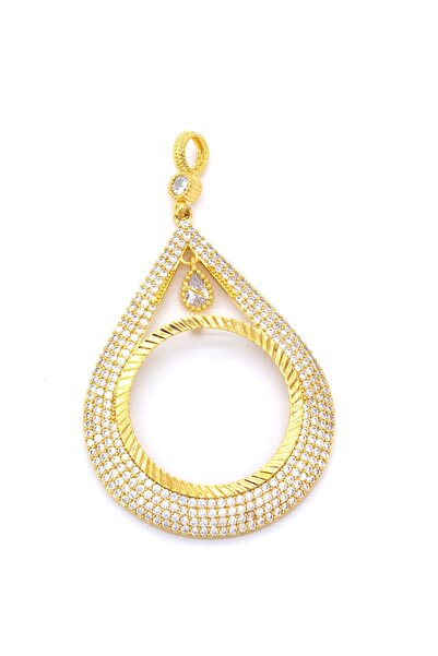 kesmia Altın Kaplama Zirkon Taşlı Damla Model ceyrekli Çerçeve Kolye Ucu TGR-387