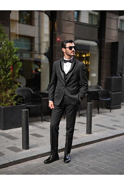 LONATOLİA Erkek Smokin Damatlık Kırlangıç Kadife Yaka İtalyan Stil Slim Fit Ceket Yelek Pantolon Papyon-Siyah