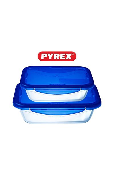 Pyrex مجموعة كوك اند جو من قطعتين (0.8 لتر + 1.7 لتر) طبق تخزين مستطيل مع غطاء