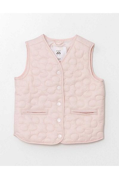 OliveYouMom Light Pink V-Neck Patterned Baby Girl Vest with Pockets