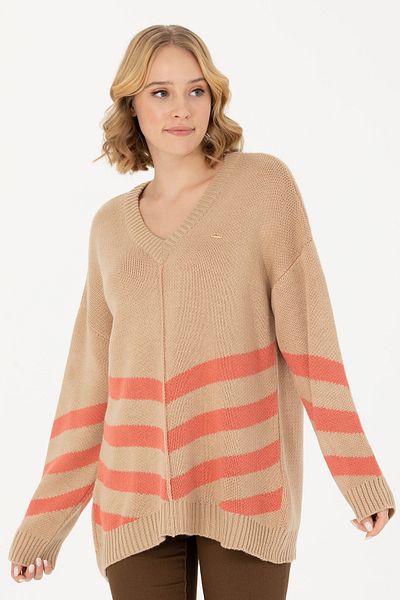 U.S. Polo Assn. Pulover de damă cu decolteu în V Sand Melange - 50272041 -VR123