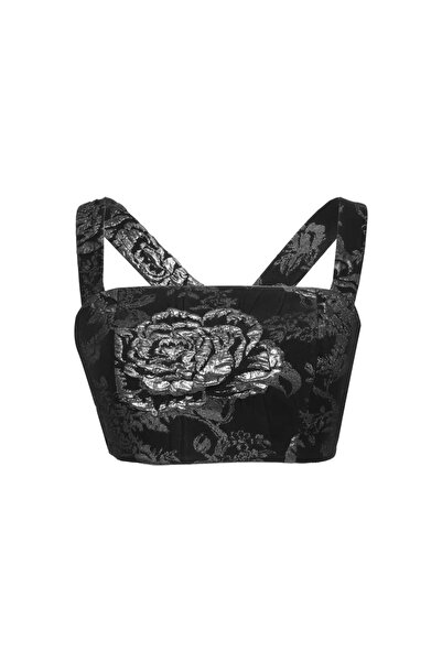 Keikei Gümüş jakar kolsuz kısa crop top