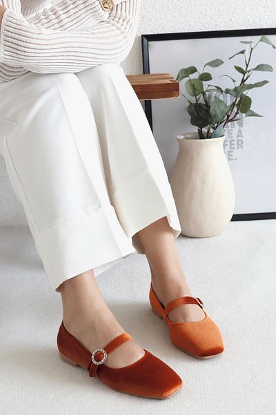 POLKA STORE Velvet Velvet Closed Back Single Band Square Toe Women's Ballerina Shoes with Helmet Mary Jane