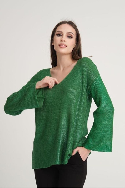 Su Moda 3387 Model Anul Nou Pulover strălucitor cu decolteu în V tricotaj - Pulover lung acoperit cu folie