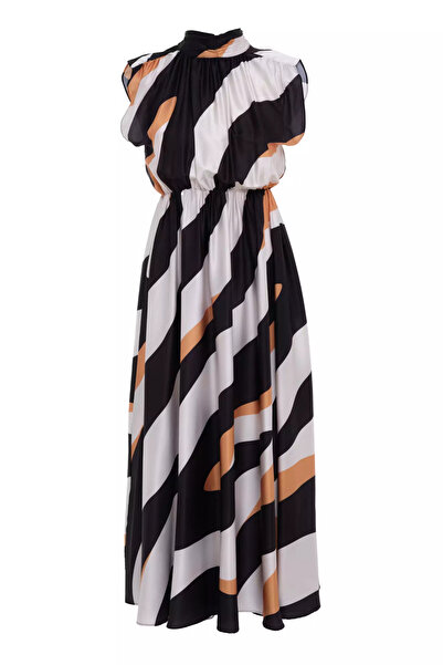 Keikei Desenli saten kolsuz uzun elbise