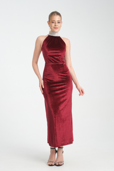 Aurora Kadife boğazlı midi abiye elbise