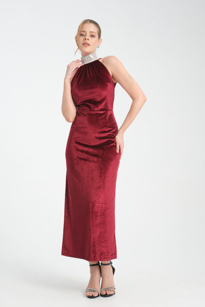 Aurora Kadife boğazlı midi abiye elbise