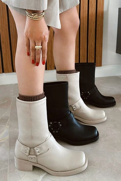 POLKA STORE Street Belt Detailed Thick Sole Square Toe Comfortable Women's Pull-On Boots