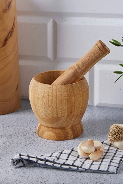 COOLOVS Doğal Bambu Ahşap Sarımsak Ezeceği Havan Orta Boy