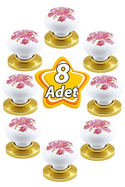 GLASWEN 8 Pieces Pink-White Flower Patterned Gold Plated Polymer Handle Furniture - Kitchen Cabinet Pull