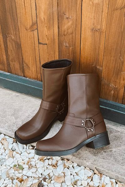 POLKA STORE Street Belt Detailed Bitter Brown Thick Sole Square Toe Comfortable Women's Pull-On Booties Bootie Boots
