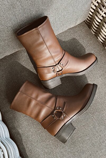 POLKA STORE Street Belt Λεπτομερείς πικρές καφέ χοντρή σόλα τετράγωνο δάχτυλο Άνετα γυναικεία μποτάκια μποτάκια