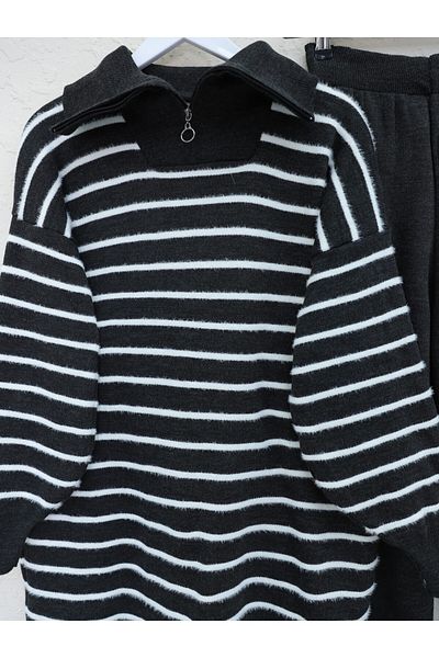 Modamorfo Gestreiftes Strick-Set mit Rollkragenpullover und Reißverschluss – Anthrazit