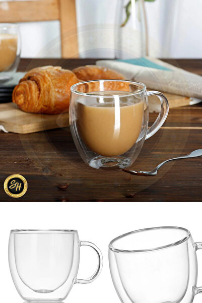 M Mimoza Park Çift Camlı Çift Cidarlı Cam Kupa 200 ml Ev Ofis Fincan Çift Katlı Isı Yalıtımlı Kulplu Bardak Fincan