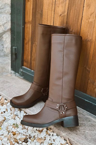 POLKA STORE Λεπτομερής ζώνη ποδηλάτου Bitter Brown Χοντρή σόλα με τετράγωνο δάχτυλο κάτω από το γόνατο Άνετα γυναικεία μποτάκια