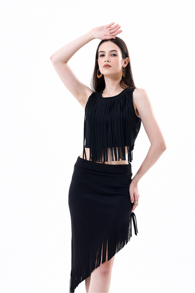 Sense Back Zippered Front Tasseled Scuba Bustier | Bst35811 Black