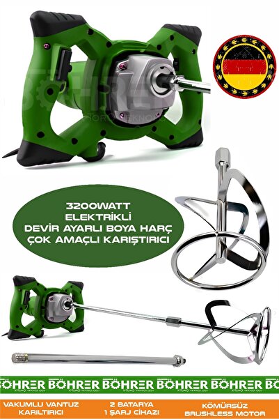BÖHRER Alman 3200W Devir Ayarlı Çift Şanzıman Yeni Nesil Elektrikli Boya Harç Çok Amaçlı Yeşil Karıştırıcı