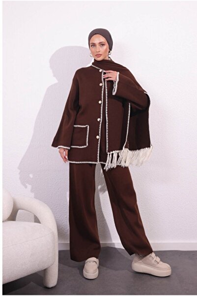 CELT Women's Buttoned Pocketed Scarf Triple Knitwear Set - Brown