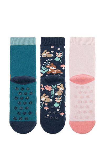 MEM SOCKS Комплект от 3 детски безшевни хавлиени чорапи с флорален шарен мотив, неплъзгащи се