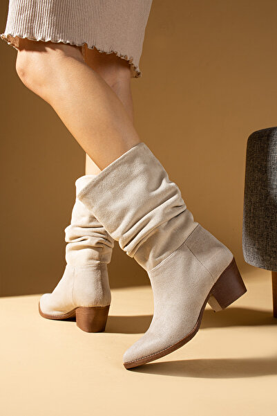 Pembe Potin New Season Γυναικείες μπότες με τακούνι Western με κορδόνι σε μπεζ καστόρι