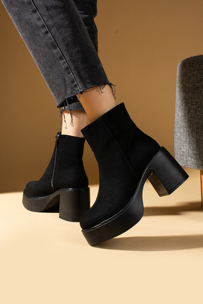 Pembe Potin Kadın Yeni Sezon Siyah Süet Yüksek Platform Taban Topuklu Günlük Şık Rahat Bot