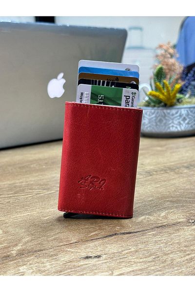 Arı Deri Червен кожен портфейл с механизъм - персонализируем