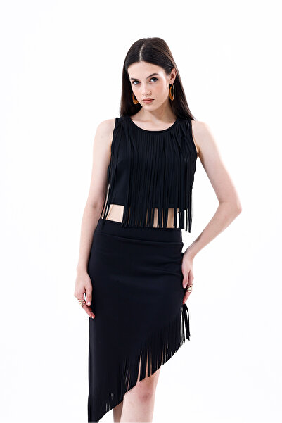 Sense Back Zippered Front Tasseled Scuba Bustier | Bst35811 Black