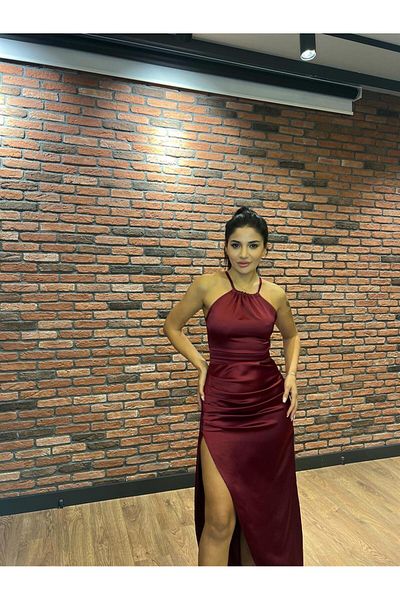 Daves Rochie de seara cu fanta burgunda Rochie de dama din satin