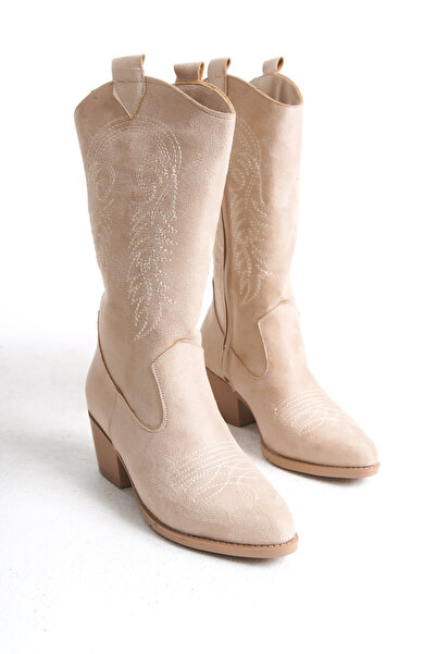 öz se shoes حذاء رعاة البقر نسائي من جلد الغزال البيج المطرز بسحاب