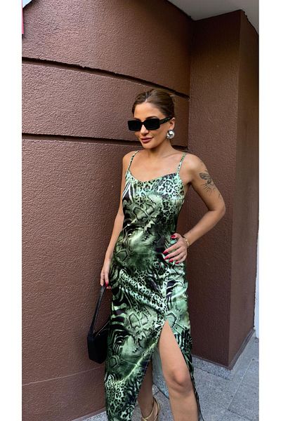 Daves Γυναικείο φόρεμα Green Leopard Slit