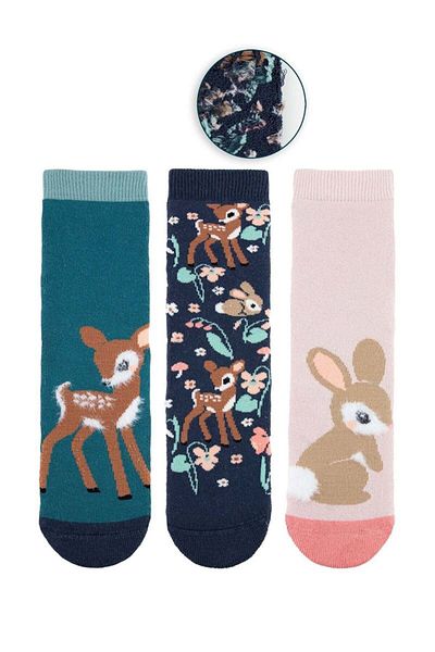 MEM SOCKS Комплект от 3 детски безшевни хавлиени чорапи с флорален шарен мотив, неплъзгащи се