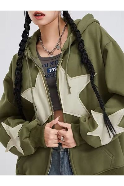 DENOKMODA UNISEX Oversize Hooded Sweatshirt - Zippered, Star Applique Pocket, Long Sleeve