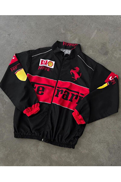 memetti m şekil Ferrari Unisex Paraşüt Kumaş Oversize Dijital Baskılı Siyah Rüzgarlık Yağmurluk İnce Ceket