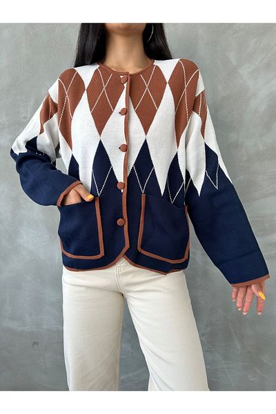 hotfas Women's Camel Diamond Patterned Knitwear Cardigan with Piping Detail