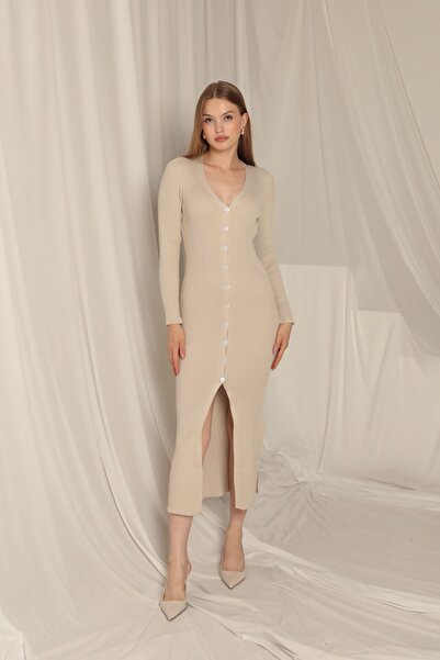 FREEDOM STOREE Triko Kumaş Düğmeli Kadın Taş Elbise