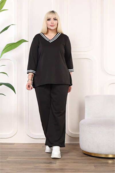 garajmood Black V-Neck Stripe Detailed Large Size Women's Bottom & Top Double Suit Set